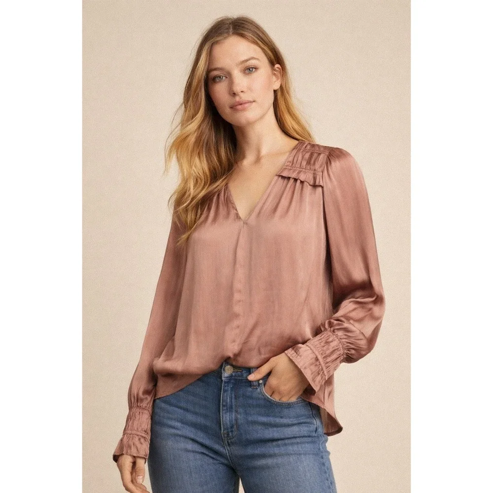 Current Air Satin Blouse Womens S Mauve Pleated V Neck Romantic Long Sleeve Top - Picture 1 of 10